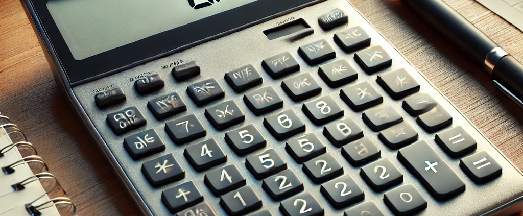 Calculatrice posée sur un bureau en bois, entourée d'un cahier, d'un stylo et de feuilles de papier.