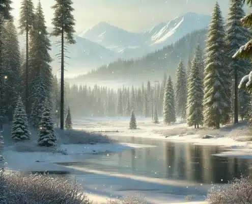 Paysage hivernal avec forêt enneigée, lac gelé et montagnes au loin, sous une légère chute de neige.